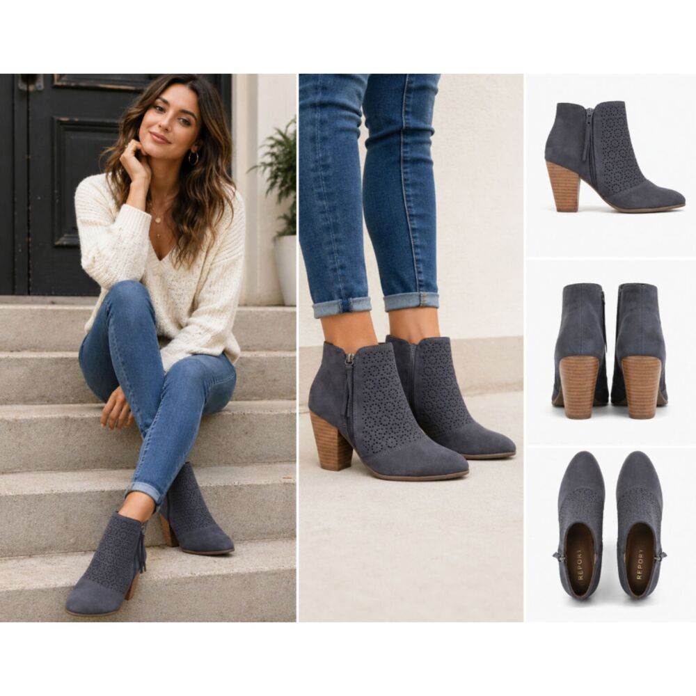 Report Women’s Size 9 Gray Perforated Ankle Booties Zip Block Heel Boots